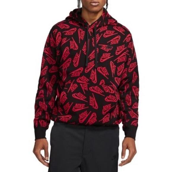 Nike Hoodie Essentials All Over Logo Sweatshirt Cotton Blend Black Red M - Picture 1 of 9